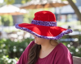 Red Velvet Hat with Purple Spot Border, Large Brim Design