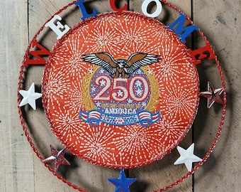 Metal Welcome Sign, 12.5 Inch Round Patriotic Decor with Embroidery