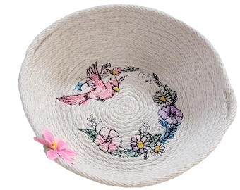 Cardinal Embroidered Cotton Rope Basket Rope Bowl Handmade