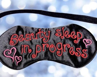 Sleep Mask in Black Satin with Adjustable Strap and Embroidery