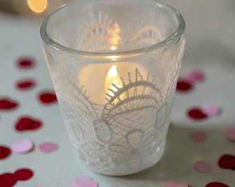 White embroidered lace and Glass Votive Holder, Weddings, Special Occasions  Set of 2