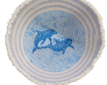 Embroidered Dolphin  Rope Bowl White Shell