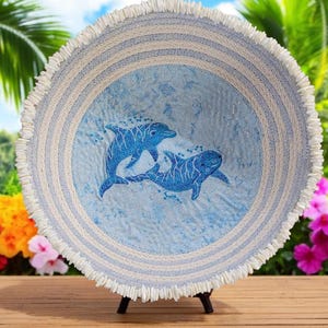 Dolphin Bowl, Embroidered Cotton Rope Basket with Shells
