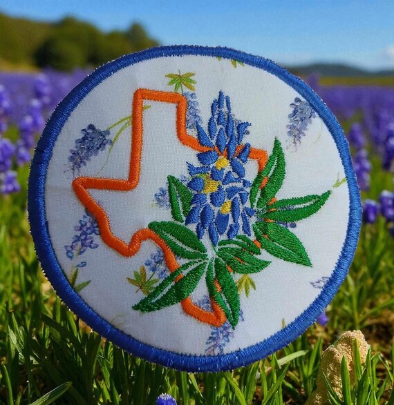 Hand-embroidered Texas Bluebonnet fabric coasters — genuinely artisan, botanically charming, and the kind of handmade detail you'd never find at a big-box store.