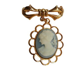 Cameo Jewelry Gold-Plated Brooch, Vintage Teal Portrait with Bow