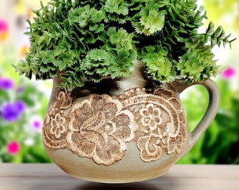 Vintage Floral Mug with Lace Detail and Artificial Greenery
