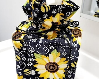 Tissue Box Cover with Sunflower Bumblebee Design, Fabric Holder for Standard Boxes