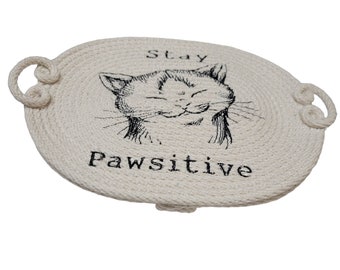 Cat Pawsitive  Embroidered Cotton Rope Basket Rope Bowl Handmade