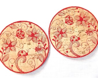 Ladybug Embroidered Cork Coasters Set of 2