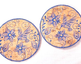 Hummingbird Embroidered Cork Coasters Set of 2