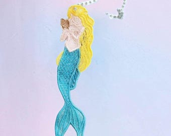 Mermaid Bookmark with Pearl Tassel, Embroidered Blue Design