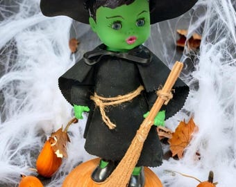 Halloween Witch Doll, 13-Inch Recycled Vinyl Decor with Broom