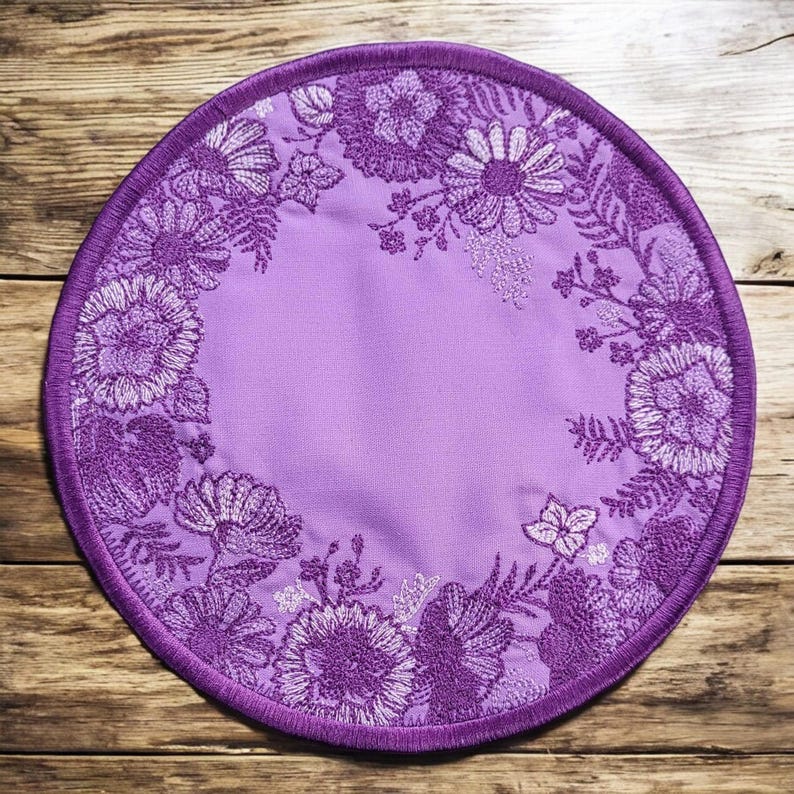 Purple home - Embroidered Floral Lilac Purple Trivet 7 inch Diameter