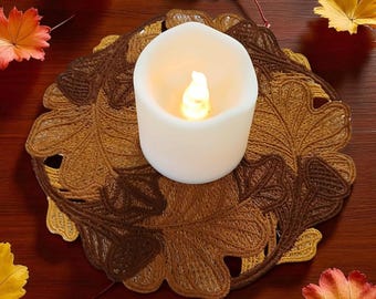 Fall Doily Decor with Brown Leaves, 6 Inch Round Accent Mat
