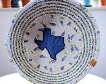 Bluebonnet Bowl, 9.5-Inch Cotton Rope Basket with Texas Embroidery