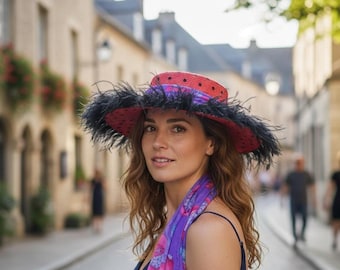 Red Sinamay Hat with Black Feathers and Stylish Scarf