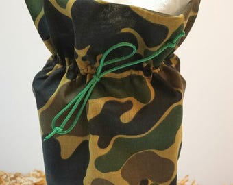 Camouflage Tissue Box Cover, Cotton Fabric Holder with Green Cord