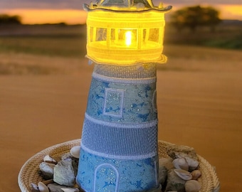 Embroidered Lighthouse Tealight Holder in Rope Bowl with Seashells