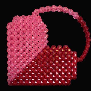 Pink and Red Heart Bag - Beaded Bag made with Faceted Translucent Beads - Stylish Tote - Small Top Handle - Transparent Purse - Fashion Bag