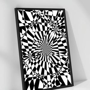 Könnte beinhalten: Schwarz-Weiß-Kunstdruck mit geometrischem Muster in einem schwarzen Rahmen. Das Kunstwerk zeigt ein radiales Design mit einem zentralen Fokuspunkt und sich wiederholenden Mustern aus Dreiecken und Rauten. Der Druck lehnt an einer weißen Wand.