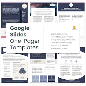 May include: A set of six Google Slides templates for one-page presentations. The templates feature a modern color palette of navy blue, white, and gray. Each template includes a header, sub-headers, and space for content. The text "Google Slides One-Pager Templates" is displayed in a large font size.