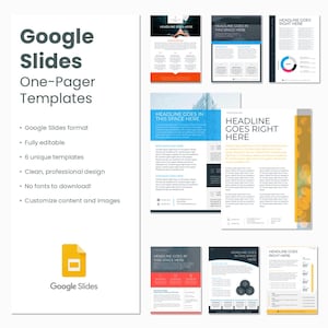 Könnte beinhalten: Eine Sammlung von Google Slides One-Pager-Vorlagen. Die Vorlagen haben ein sauberes, professionelles Design und sind vollständig editierbar. Das Bild enthält das Google Slides-Logo und den Text "Headline Goes Here".