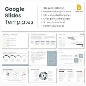 Op de afbeelding: Een verzameling Google Slides-sjablonen met een modern kleurenpalet. De sjablonen omvatten een agenda, een routekaart, een procesgrafiek, belangrijke statistiken, een ecosysteem en een verhaal met categorieën.