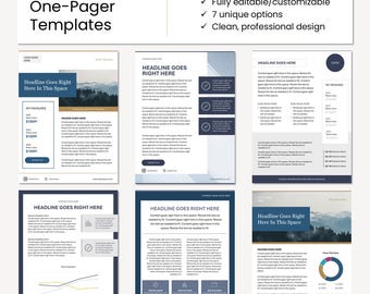 May include: Seven different PowerPoint templates for business one-pagers. Each template features a blue and white color scheme with a mountain landscape background. The templates include sections for key measures, headers, and content. The text "Headline Goes Right Here In This Space" appears on several of the templates.