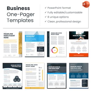 Puede incluir: Ocho plantillas de una página para empresas en formato PowerPoint. Cada plantilla presenta un diseño único con un título, espacios reservados para el texto y un elemento visual. Las plantillas son totalmente editables y personalizables.