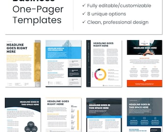 May include: Eight different one-page business templates in PowerPoint format. Each template features a unique design with a headline, text placeholders, and a visual element. The templates are fully editable and customizable.