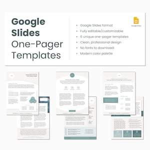 May include: A white graphic with the words "Google Slides One-Pager Templates" in a bold, dark gray font. The image showcases several one-pager templates with a modern color palette and a clean design.