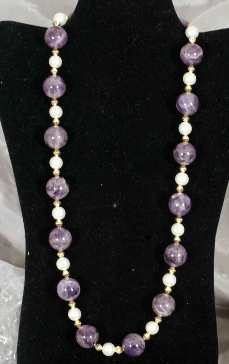 27 Amethyst and glass pearl Necklace with gold accents