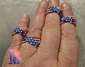 Stripes and stars beaded patriotic ring - wide variety of sizes available.  Made to order