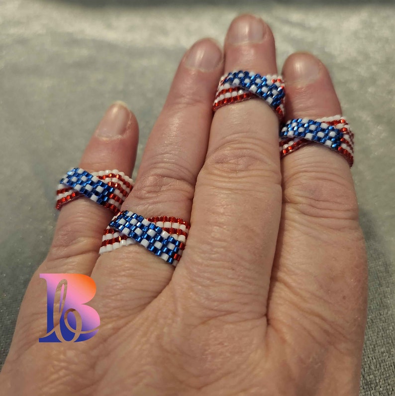Stripes and stars beaded patriotic ring wide variety of sizes available. Made to order image 1