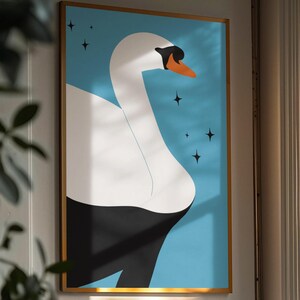 Schwan Wandkunst, hellblaue Wandkunst, Wohnung Dekor, über dem Bett-Dekor, Maximalist Wandkunst, Tier, Vogel, digitale Kunst, herunterladbare Kunst