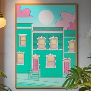 Plakat podróżniczy Bristol, sztuka ścienna miasta, wydruki retro podróżnicze, wystrój apartamentu, wystrój dopaminy, różowe wydruki, zielona sztuka ścienna, sztuka do pobrania