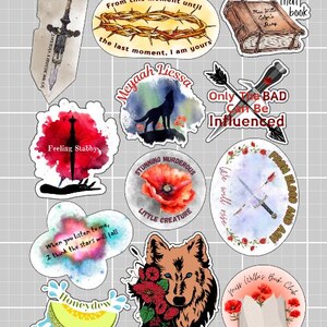 May include: A collection of colorful stickers with various designs. Includes a sticker with a wolf and floral elements, a book, a crown of thorns, a poppy flower, and text that reads "Feeling Stabby."