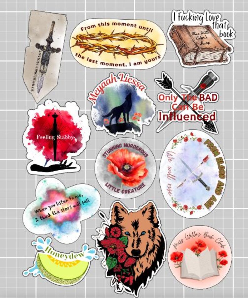 May include: A collection of colorful stickers with various designs. Includes a sticker with a wolf and floral elements, a book, a crown of thorns, a poppy flower, and text that reads "Feeling Stabby."