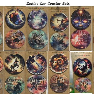 Puede incluir: Conjunto de 12 posavasos para coche con temática zodiacal. Cada posavasos presenta un signo del zodíaco diferente con un fondo de galaxia colorido. Los signos incluyen Virgo, Tauro, Piscis, Sagitario, Libra, Leo, Cáncer, Capricornio, Acuario, Aries, Escorpio y Géminis.