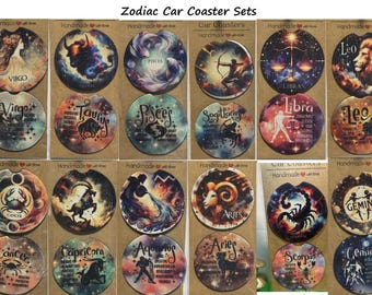 May include: Set of 12 zodiac-themed car coasters. Each coaster features a different zodiac sign with a colorful galaxy background. The signs include Virgo, Taurus, Pisces, Sagittarius, Libra, Leo, Cancer, Capricorn, Aquarius, Aries, Scorpio, and Gemini.