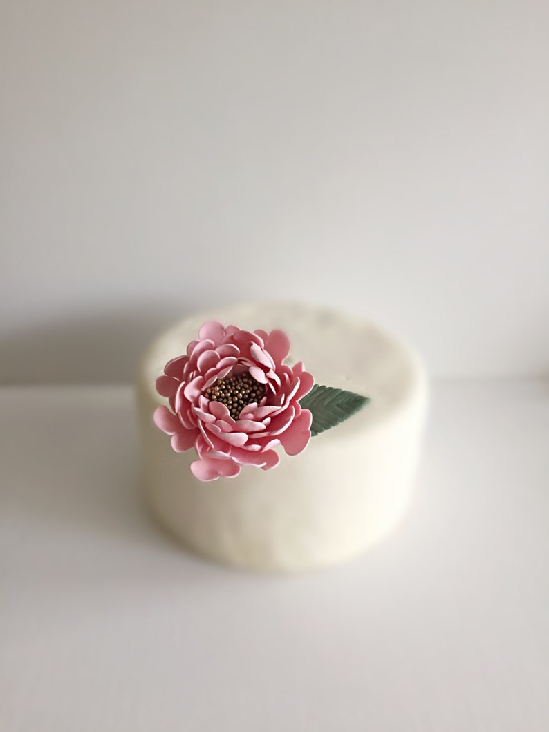 May include: A single pink peony flower with a green leaf sits atop a white cake.