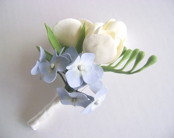 Ivory Freesia and Blue Hydrangea Wedding Boutonniere. Wedding Groomsman/Bestman Flower- Made to order