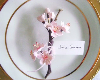 Blue & Green Cherry Blossom Watercolour Wedding Table Seating Name Place Cards 