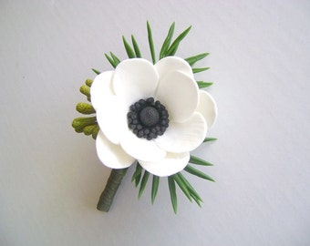 White Anemone Boutonniere. Groom/Bestman Boutonniere. Wedding Clay Flower-Made to order