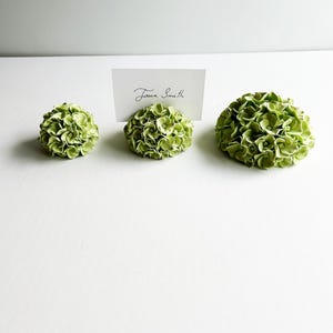 Puede incluir: Tres porta tarjetas de lugar con forma de flor de hortensia verde. El porta tarjetas del medio tiene una tarjeta blanca con el nombre "Jane Smith" escrito en ella.