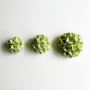 Puede incluir: Tres arreglos de flores de hortensia verde de diferentes tama&ntilde;os, dispuestos en una fila sobre un fondo blanco.