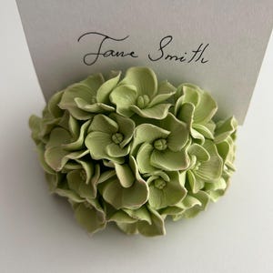 Puede incluir: Un arreglo floral de hortensia verde con una tarjeta blanca que dice "Jane Smith". La tarjeta est&aacute; colocada en el centro del arreglo floral.