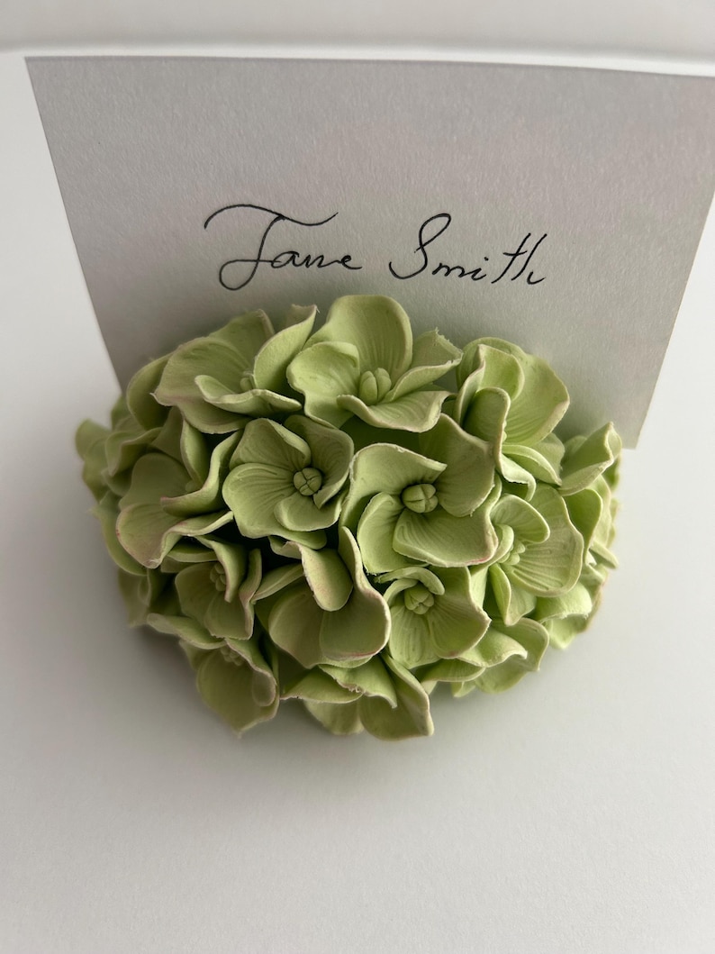 Puede incluir: Un arreglo floral de hortensia verde con una tarjeta blanca que dice "Jane Smith". La tarjeta est&aacute; colocada en el centro del arreglo floral.