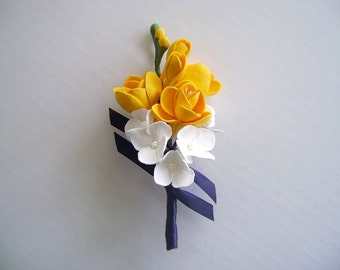 Yellow Freesia and White Hydrangea Boutonniere. Groomsman/Bestman Flower- Made to Order