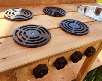 Mud Kitchen Electric Style Burners and Control Knobs. For The DIY Build. Durable and UV/Weather Resistant. Perfect for Pretend Play!